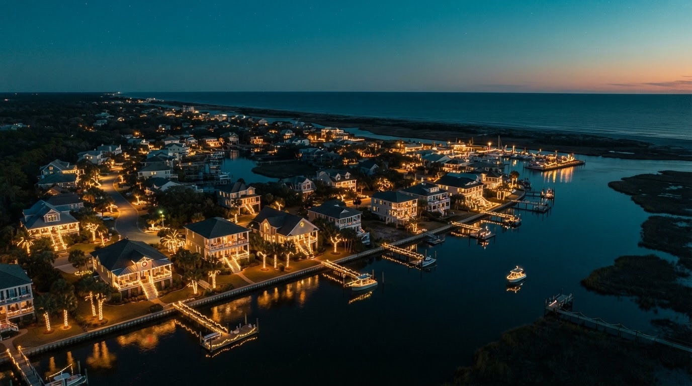 Beach homes and docks on a coastal waterway glowing with warm Christmas lights at dusk.