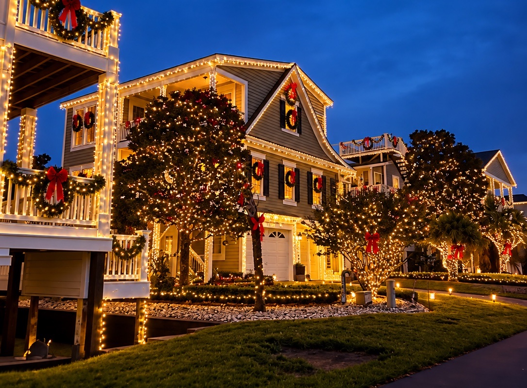 Homes along a Holden Beach street glowing with Christmas lights at dusk.