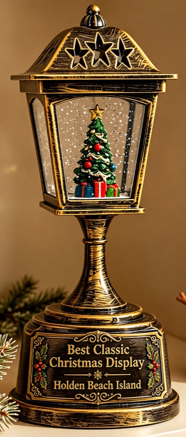 Gold lantern trophy with a Christmas tree inside, awarded to Island Illuminations winners.