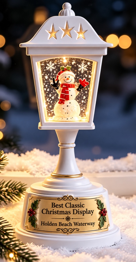 White lantern trophy with a snowman inside, awarded to Waterway Wonderland winners.