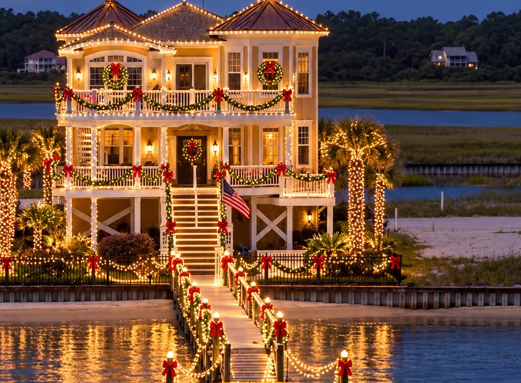 A waterfront home and lit dock reflecting Christmas lights on the Intracoastal Waterway.